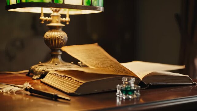 Vintage Desk Scene - Books, Lamp, and Writing Tools.