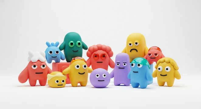 An assembly of unique and vibrant clay figures showcasing a range of playful personalities