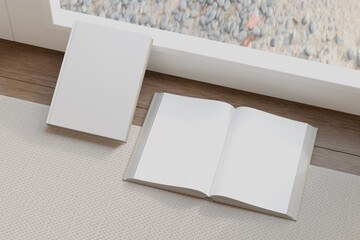 White Book Mockup on Wooden Floor with Natural Light &ndash; 3D Rendering