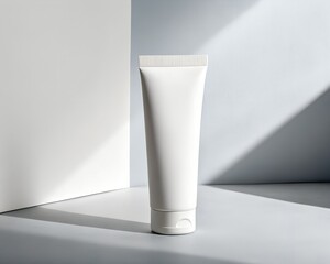 Sleek unbranded white tube for skincare or beauty product, studio shot with modern shadows