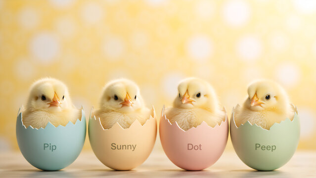 Four cute Easter chicks sitting in colorful hatched eggshells with names. Row of baby chickens in pastel eggs on yellow bokeh background. Happy Easter holiday concept