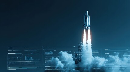 Futuristic spaceship rocket launch in space with copy space, Startup innovation concept
