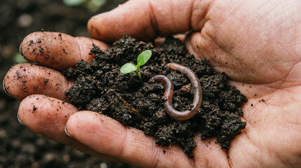 High angle close-up of a dirty hand holding fertile black soil containing an earthworm and a small seedling. Concept for organic farming, soil health, and sustainable agriculture.
