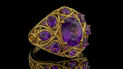 . The setting appears to be gold, and the ring is presented against a dark, reflective background, emphasizing its luster and elegance