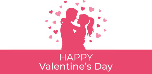 Happy Valentine’s Day illustration, romantic couple silhouette embracing, floating hearts background, love relationship concept, modern greeting card design, minimal flat vector style © Mosharaf Creative