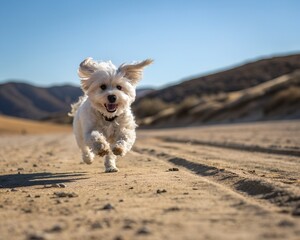A happy white fluffy dog energetically running on a dirt path under a clear blue sky
