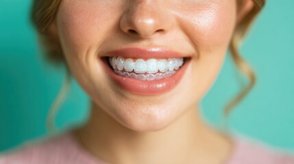 Fototapeta premium Woman smiles with clear braces in front of a light blue background