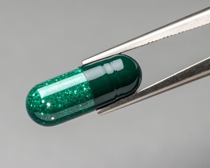 A shimmering green capsule held by silver tweezers against a clean grey background