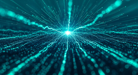Abstract teal particle burst, radiating energy and movement, suggesting technological advancement, innovation, or futuristic concepts