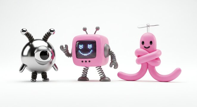 A playful gathering of diverse cartoon robots and alien-like characters on a white background