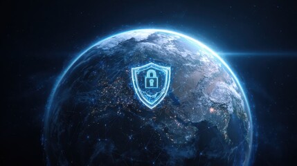 satellite protecting Earth with digital shield hologram, cybersecurity concept in space with glowing lock and encryption symbols