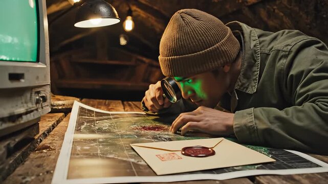 Man in a hat examining a map with a magnifying glass in a dimly lit room.
