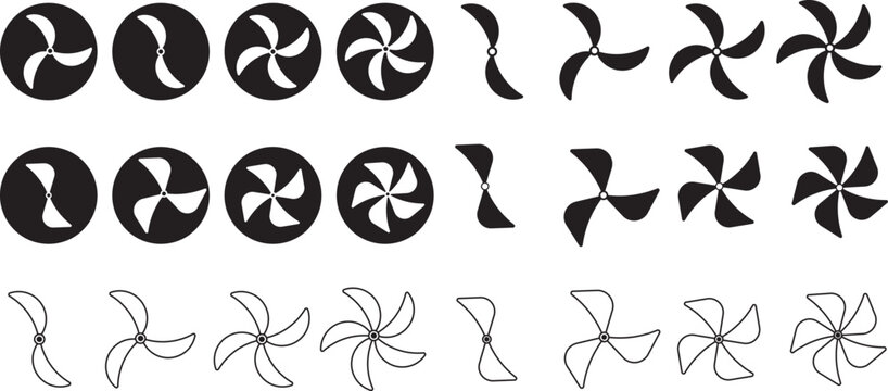 Propeller icon set. propeller for surface drive. Fan speed icons. Conditioning equipment sign. Electrical temperature equipment