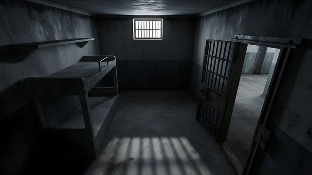 A grim and desolate view inside an empty prison cell with a bunk bed and barred window.