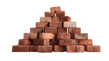 stacked red brick pyramid structure construction material arrangement isolated object studio shot on white background