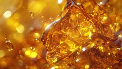 A closeup view of sparkling golden liquid forming textured abstract shapes with rich shimmering highlights. Generative AI.