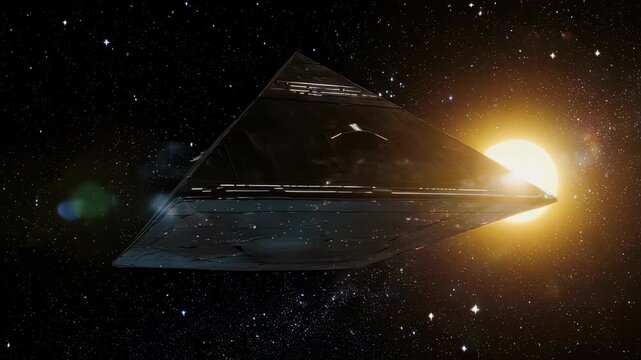 A pyramid-shaped spacecraft floats in deep space near a bright sun surrounded by stars