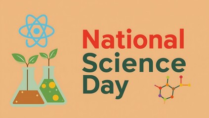 National Science Day Illustration with Laboratory Flasks Plants Atom Symbol and Molecular Structure