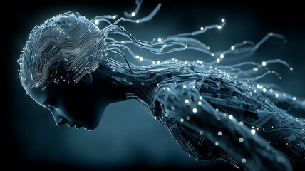 Futuristic digital human profile made of microcircuits, conductors and glowing nodes. Concept of artificial intelligence, neural networks, cybernetics and digital consciousness.