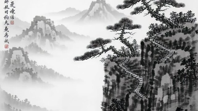 Traditional Chinese ink wash painting depicting misty mountains, steep cliffs, winding stairs and rugged pine trees, concept for spiritual growth, cultural appreciation and wall decor design