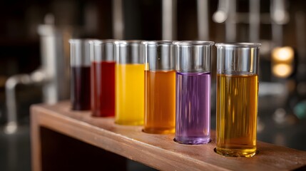 Vibrant colorful liquids in test tubes arranged in a rack evoking science and laboratory experiments