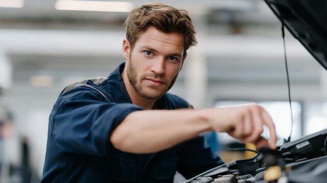 In a modern garage, specialists are installing a chip tuning box on a car engine, carefully adjusting connections to improve acceleration and fuel efficiency. cinematic color correction, natural