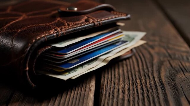 Close-up of luxurious brown leather wallet filled with stacked credit cards and dollars on rustic wooden table, concept for financial planning, personal finance management and debt control