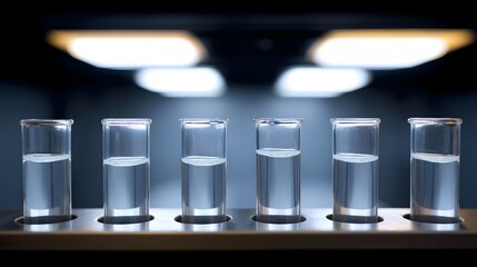 A row of clear test tubes filled with liquid arranged in a rack under bright laboratory lights representing scientific research and analysis