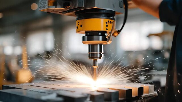 Metalworking process captured mid action as a machine performs drilling, showcasing industrial power tools and fabrication accuracy. cinematic color correction, natural uneven lighting yet gentle