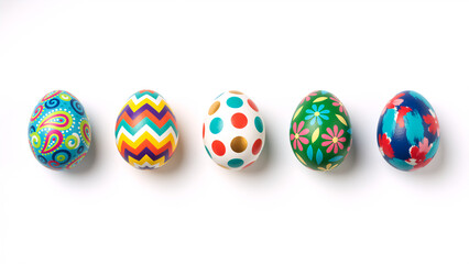 Row of five colorful Easter eggs with various painted patterns isolated on white background. Traditional spring holiday decoration set. Copy space for text