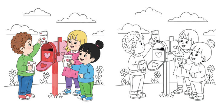 Happy children sending friendship cards in mailbox with coloring page outline vector illustration