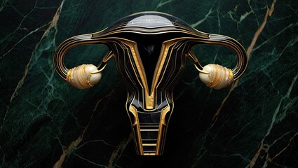 A metallic futuristic interpretation of the female reproductive system with glowing highlights and sculpted details. Generative AI.
