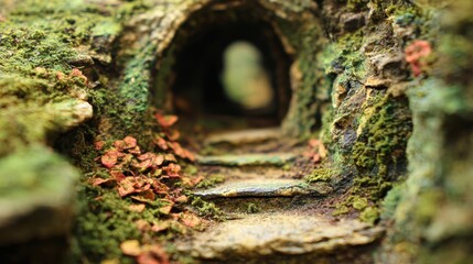 Exploring a natural tunnel with few steps and mossy surroundings