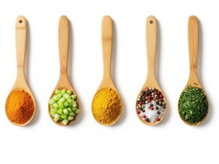 Assorted spices and herbs in wooden spoons