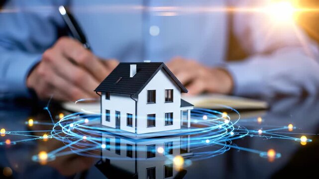 Miniature house model surrounded by glowing blue connections, a property manager signs a contract, concept for smart home system, real estate investment and future infrastructure planning