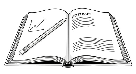 Open book with pencil and abstract text.