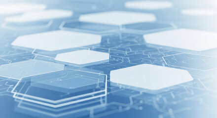 Abstract image of hexagonal shapes and circuitry, creating a technological, futuristic design suitable for a tech company or presentation background