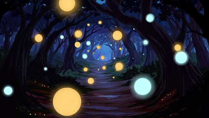A dreamy glowing forest tunnel with floating lights forming a magical atmospheric pathway. Generative AI.