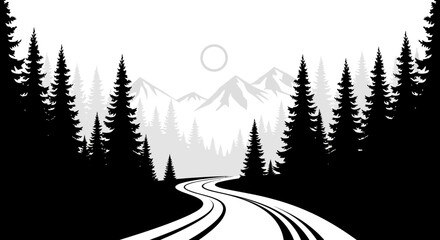 Road through forest with trees.