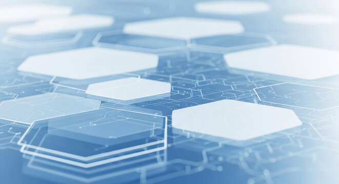 Abstract image of hexagonal shapes and circuitry, creating a technological, futuristic design suitable for a tech company or presentation background - Powered by Adobe