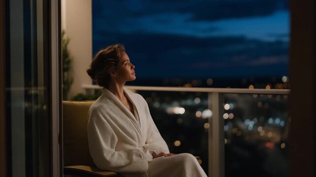 Solitary evening with individual sitting on balcony alone, night sky, city glow, deep thoughts, stillness, independence, emotional calm and reflective modern lifestyle scene cinematic color