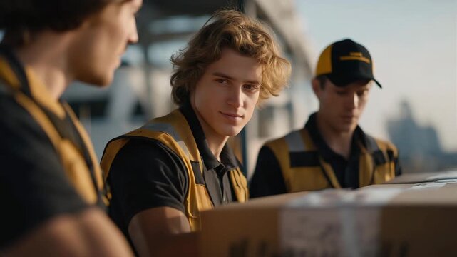 Workers preparing for delivery at a distribution center, teamwork and systematic handling highlighting operational efficiency, safety awareness, and supply chain performance. cinematic color