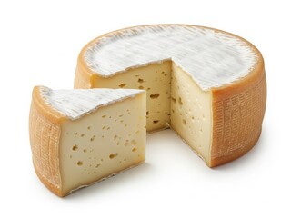 A delicious wheel of cheese with one slice cut out