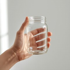 Hand holding empty clear glass jar against white background minimalist concept