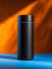 Modern black smart speaker with a glowing blue light ring on a vibrant background