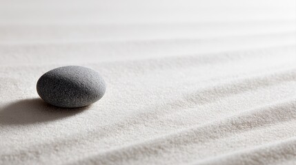 Japanese zen garden stone in white sand, minimal mindfulness and meditation background
