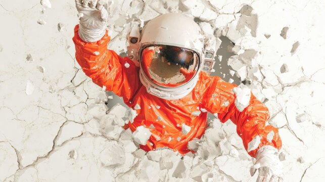 Astronaut breaks through a wall and reaches for the sky in the room