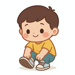 Fototapeta premium Adorable cartoon boy joyfully learning to tie his shoelaces, illustrating a charming moment of childhood development and growing independence