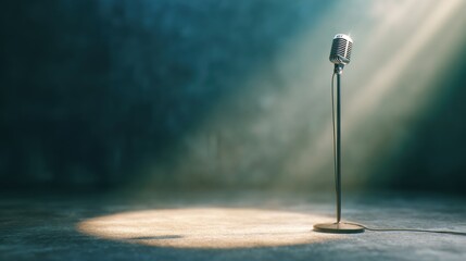 Spotlight shines on a microphone in an empty performance space