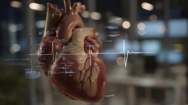 A human heart silhouette double-exposed with vascular networks and digital monitoring data, representing cardiology innovation, preventive medicine, and life-saving diagnostics. cinematic color